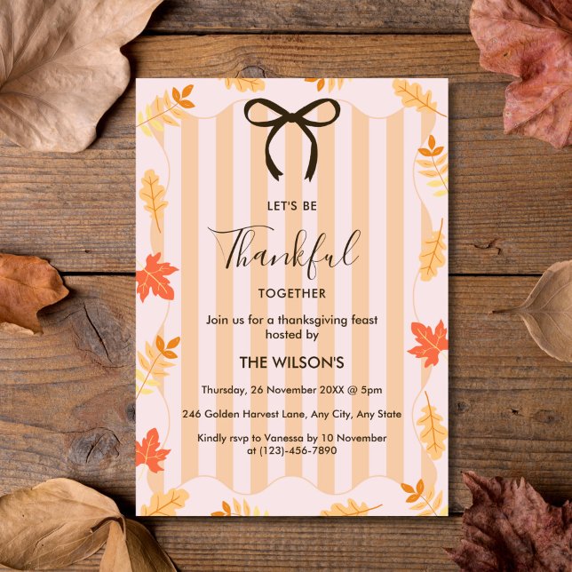 Pink Stripes Herbst Erntedank Dinner Einladung (Pink Stripes Autumn Leaves Thanksgiving Dinner Invitation)