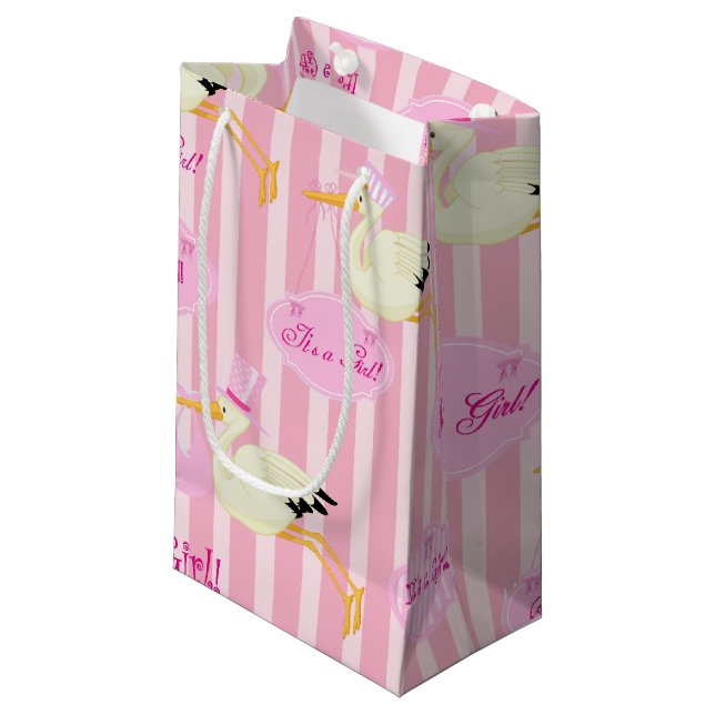 Pink Stripes Mädchen Storch Kleine Geschenktüte (Vorderseite Schrägansicht)