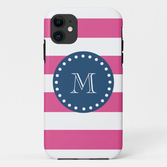 Pink Stripes Muster, Marine-Blau-Monogramm Case-Mate iPhone Hülle (Rückseite)