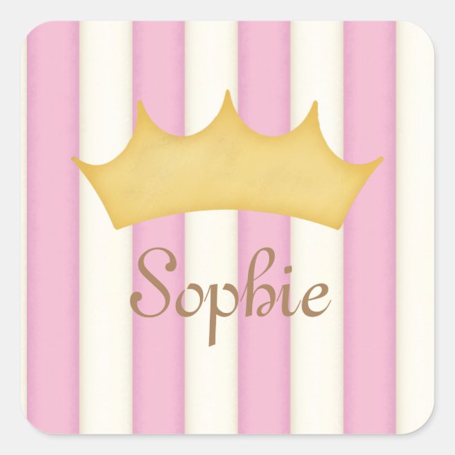 Pink Stripes Personalisiert Name Princess Crown Quadratischer Aufkleber (Vorderseite)