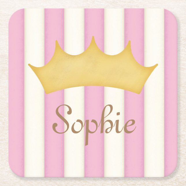 Pink Stripes Personalisiert Name Princess Crown Rechteckiger Pappuntersetzer (Vorderseite)