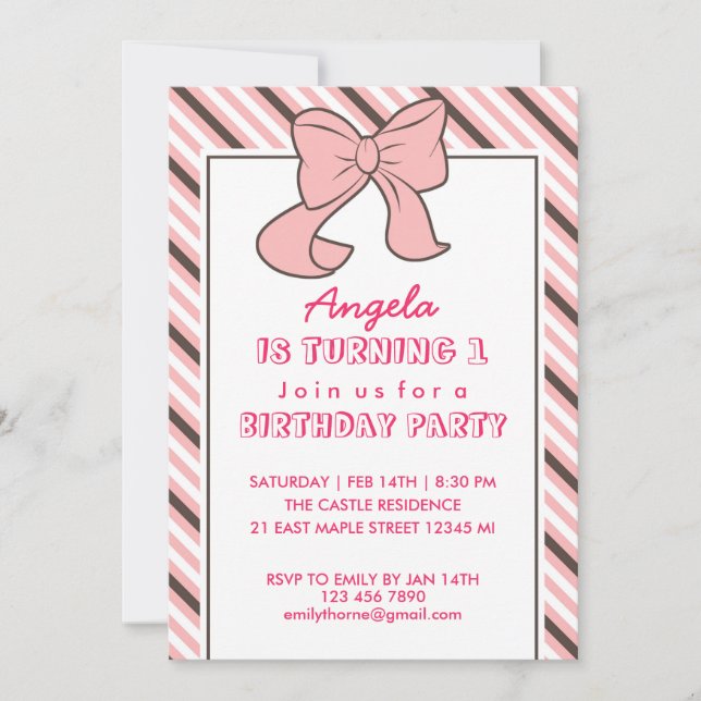 Pink Stripes Ribbon et Bow Invitation d'anniversai (Devant)
