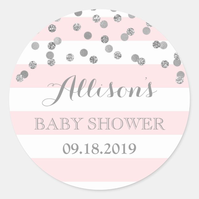 Pink Stripes Silver Confetti Baby Dusche Gefallen Runder Aufkleber (Vorderseite)