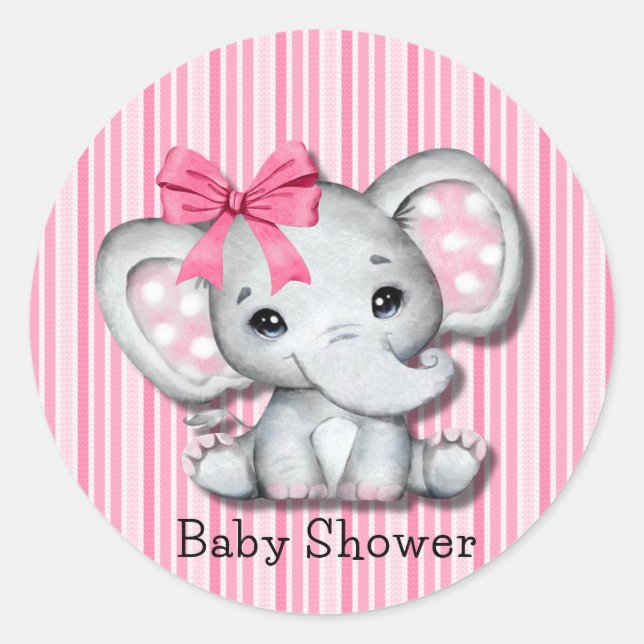 Pink Stripes Wasserfarbe Elefant Girl Babydusche Runder Aufkleber (Vorderseite)