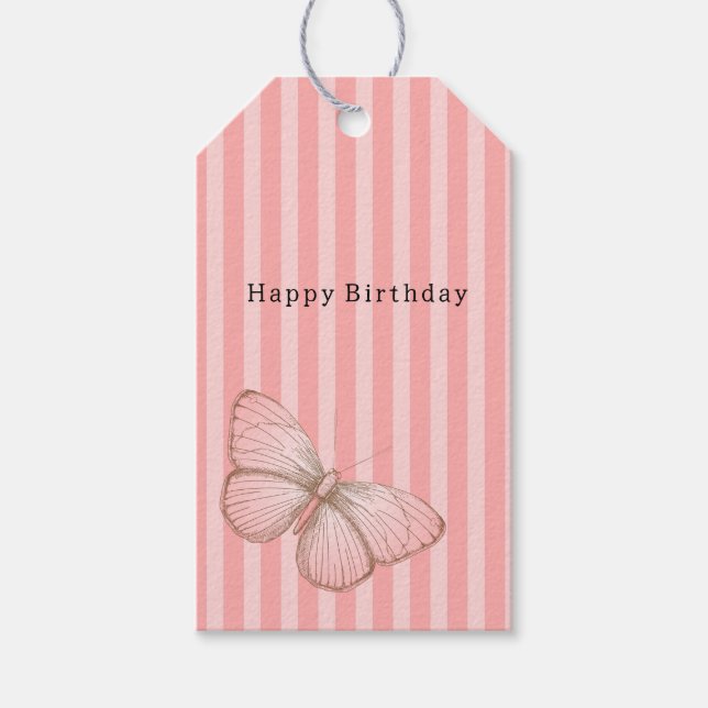 Pink Stripes with Butterfly Birthday Geschenkanhänger (Vorderseite)