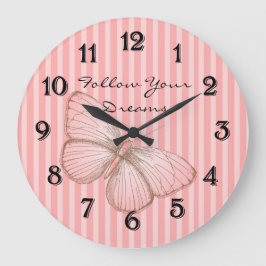 Pink Stripes with Butterfly Große Wanduhr