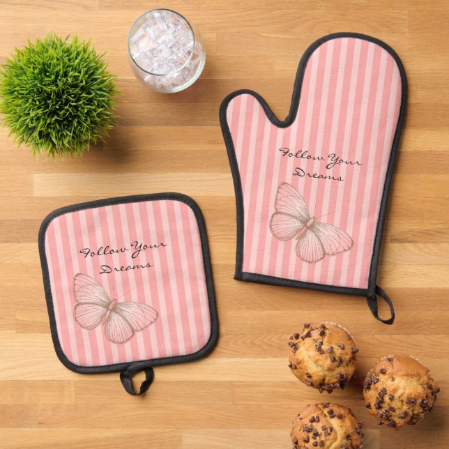 Pink Stripes with Butterfly Ofenhandschuh & Topflappen-Set (Oben Unten)