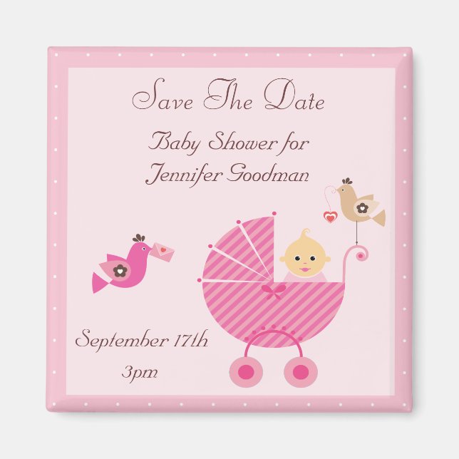 Pink Stroller & Birds Save the Date Babydusche Magnet (Vorne)
