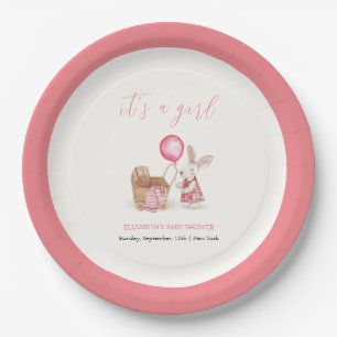 Pink Stroller Bunny Balloon Girl Babydusche Pappteller