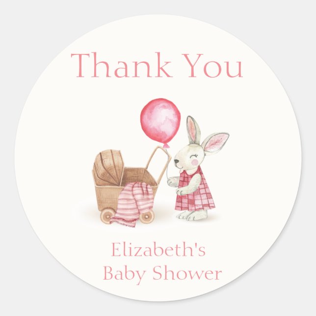 Pink Stroller Bunny Balloon Girl Babydusche Runder Aufkleber (Vorderseite)