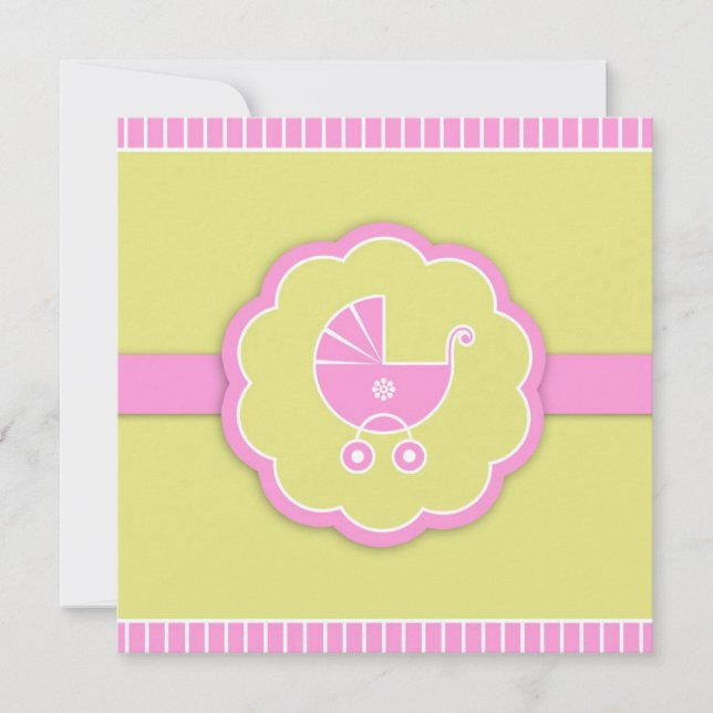 Pink Stroller Girl Baby Dusche Flat Einladung (Vorderseite)