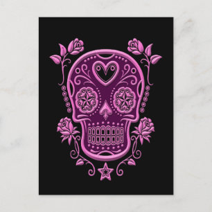 Pink Sugar Skull mit Rose auf schwarz Postkarte