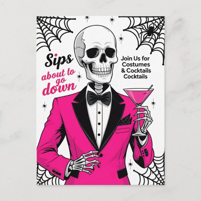 Pink Suit Skeleton Halloween Feiertagspostkarte (Vorderseite)
