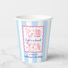Pink Summer Favorites Blue Stripes Birthday Pappbecher