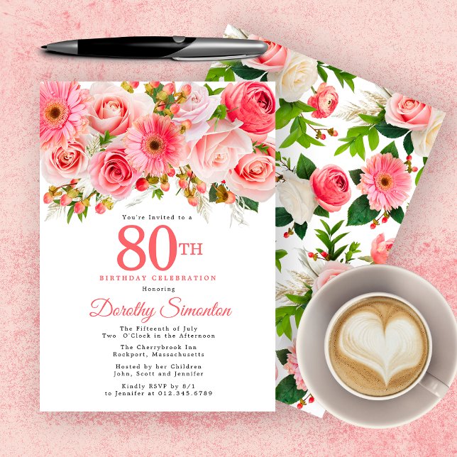 Pink Summer Floral Pretty 80th Birthday Invitation (Créateur téléchargé)