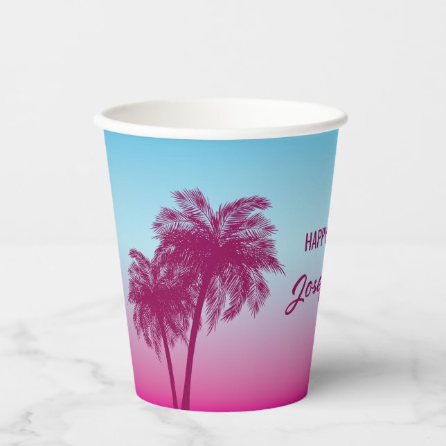 Pink Summer Palm Trees Tropical Sky Birthday Pappbecher (Vorderseite)