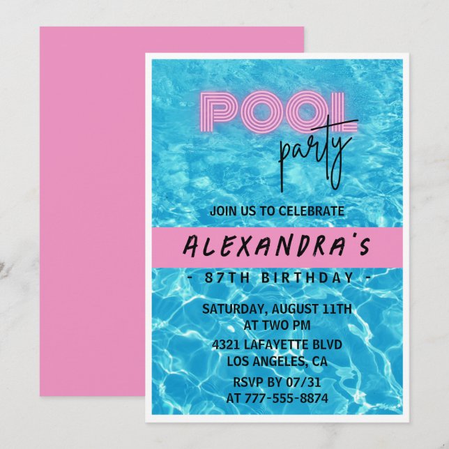 Pink Summer Pool Party 87. Geburtstag Einladung (Vorne/Hinten)