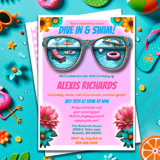 Pink Summer Splash Birthday Pool Party Einladung