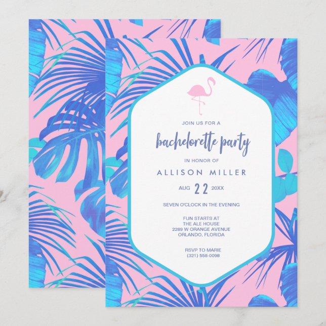 Pink Summer Tropical Flamingo Junggeselinnen-Absch Einladung (Vorne/Hinten)