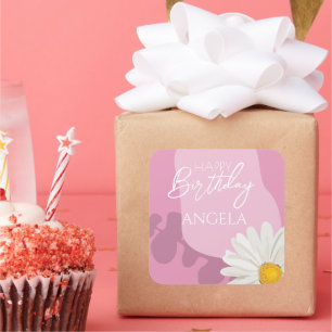 Pink Summer White Daisy Happy Birthday Party Quadratischer Aufkleber