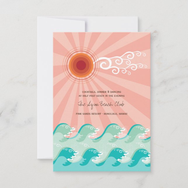 Pink Sun & Aqua Waves Beach Wedding Empfang Card Einladung (Vorderseite)