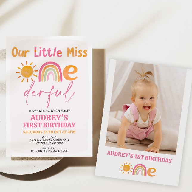 Pink Sun Rainbow Miss Onederful 1. Geburtstag Einladung (Our little miss onederful 1st birthday invitation baby girl, Sun and rainbow, Miss onderfu invite)