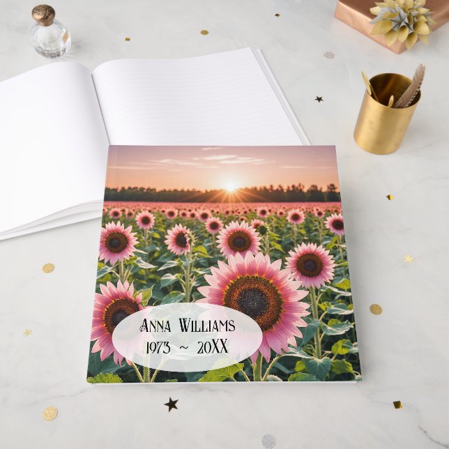 Pink Sunflower Field For Memorial Service Gästebuch (Vorderseite offen)