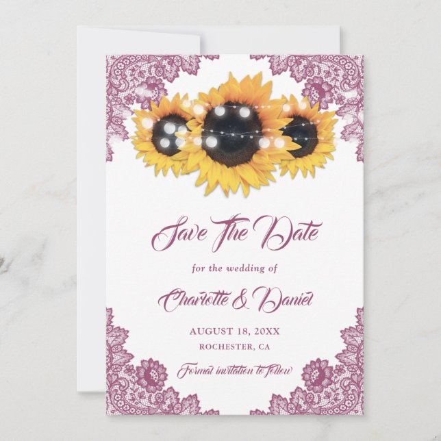 Pink Sunflower Rustic Floral Lace Wedding Save The Date (Vorderseite)