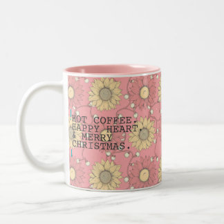 Pink Sunflowers Hot Coffee Merry Christmas Zweifarbige Tasse