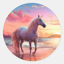 Pink Sunset Beach Palomino Pferdeaufkleber Runder Aufkleber