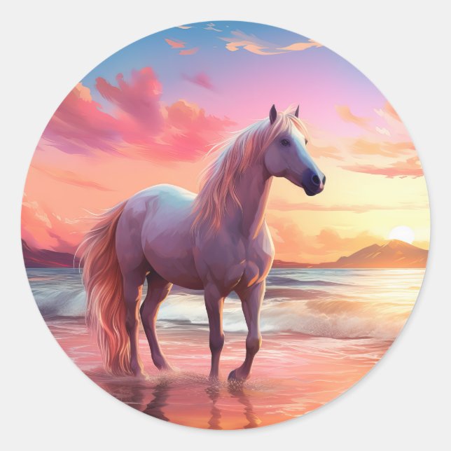 Pink Sunset Beach Palomino Pferdeaufkleber Runder Aufkleber (Vorderseite)