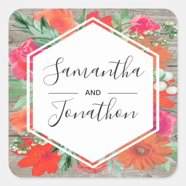 Pink Sunset Bloom Floral Frame Wedding Quadratischer Aufkleber (Vorderseite)