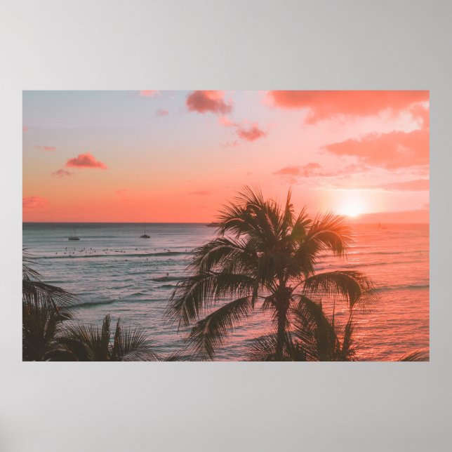 Pink Sunset Ocean Beach Palm Fotoster Poster (Vorne)