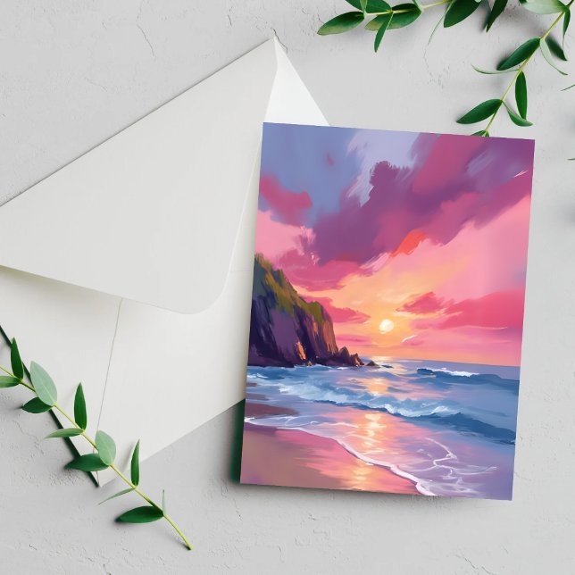 Pink Sunset Ocean Beach Waves Wasserfarbenkarte (Von Creator hochgeladen)