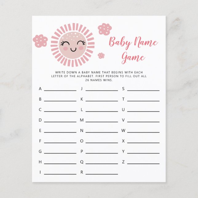 Pink Sunshine Baby Name Dusche Spiel (Vorderseite)