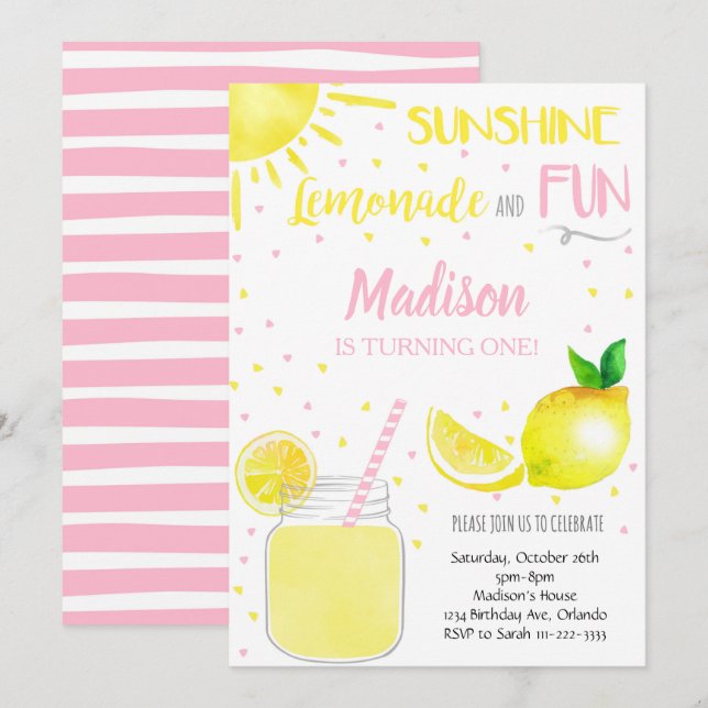 Pink Sunshine Lemonade Fun Party Geburtstag Einlad Einladung (Vorne/Hinten)