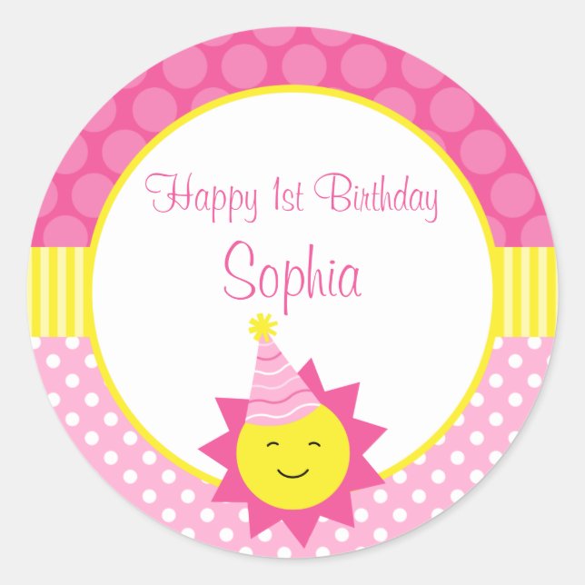 Pink Sunshine Polka Dot 1. Personalisierter Geburt Runder Aufkleber (Vorderseite)