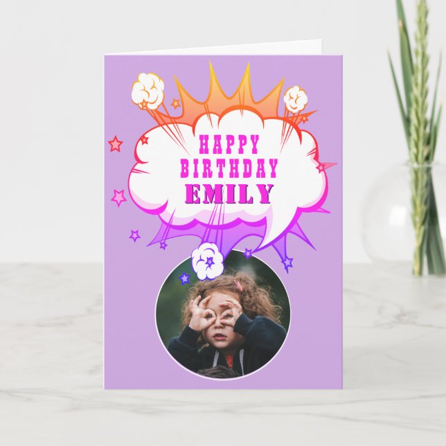 Pink Superhero Cartoon Bubble Photo Carte Annivers (Devant)