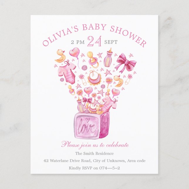 Pink Surprise Box Girl Baby Shower Einladung (Vorderseite)