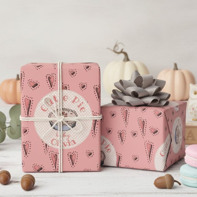 Pink Süsse Pie Baby Girl Geschenkpapier (Cutie Pie Thanksgiving October November Birthday & Fall Baby Shower Wrapping Paper. Heart Cherry Pie)