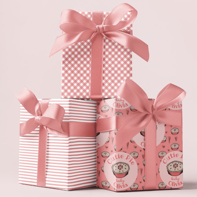 Pink Süsse Pie Baby Girl Geschenkpapier Set (Cutie Pie Fall Baby Shower Wrapping Paper in Watermelon Pink. Cute Pies & Hearts, Stripes & Gingham)