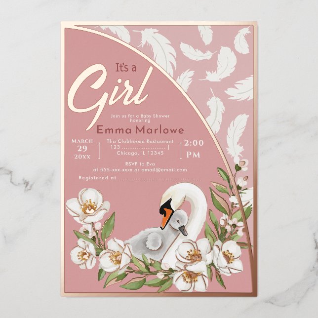 Pink Swan Baby Foil Einladung (Vorderseite)