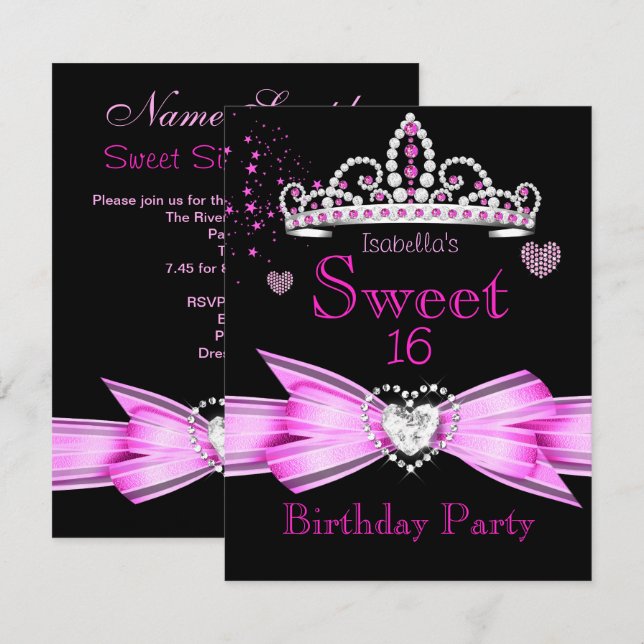 Pink Sweet 16 Birthday Diamond Tiara Einladung (Vorne/Hinten)