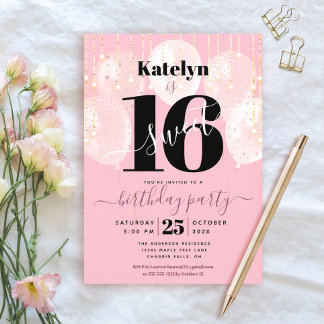 Pink Sweet 16 Birthday Girly Glam Balloons Script Einladung