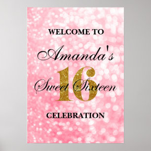 Pink Sweet 16 Gold Glitzer Lights Willkommenspende Poster