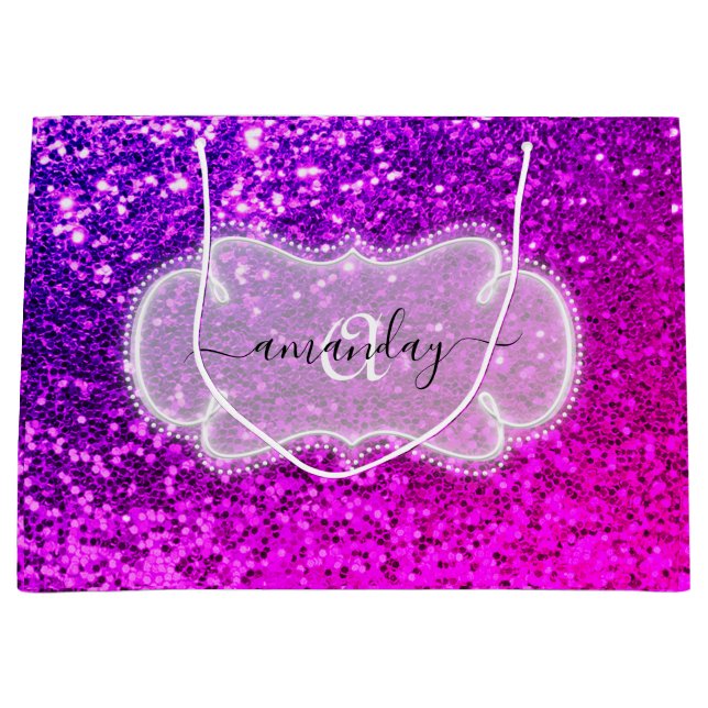 Pink Sweet 16. Royal Monogram Name Glitzer Weddin Große Geschenktüte (Vorderseite)