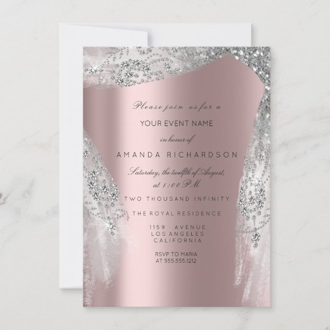 Pink Sweet 16th Bridal Silver Gray Rose Dress Einladung (Vorderseite)