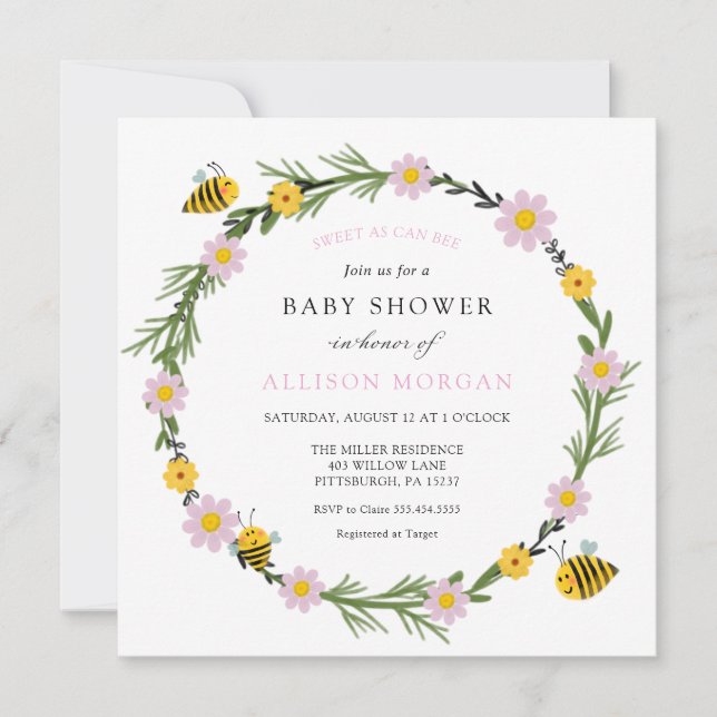 Pink Sweet As Can Bee Baby shower Invitation (Devant)