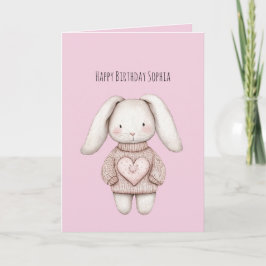 Pink Sweet Cute Bunny Pink Sweater Heart Birthday Karte