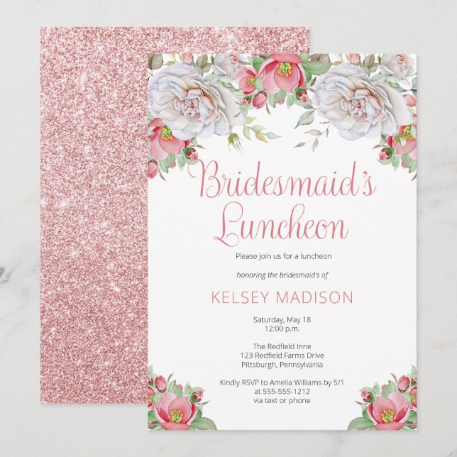 Pink Sweet Floral Blooms Bridesmaid's Luncheon Einladung (Vorne/Hinten)